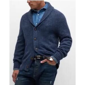 Banana Republic Mens Cotton Slub Shawl Texture Yoke Heather Blue Button Cardigan